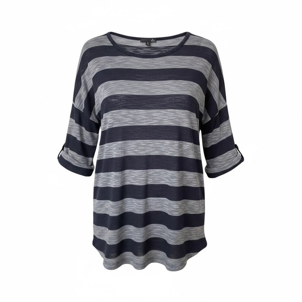 Liv Navy Gray Striped Tunic Top Womens 0X Roll Tab Sleeve Lightweight